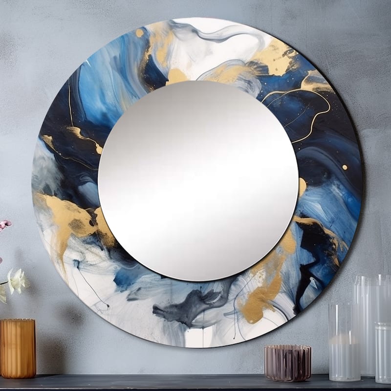 Designart "Dark Blue and Gold Strokes XII" Fractals Large Round Mirror - Modern Blue Round Bathroom Mirror
