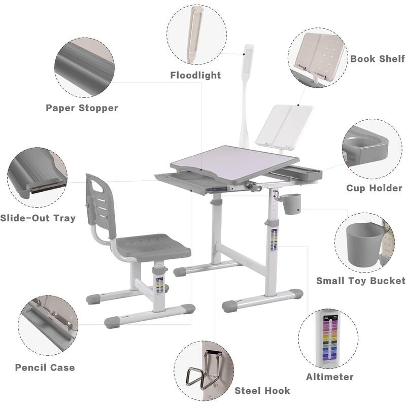 Adjustable Kids Desk and Chair Set with Tilt Desktop LED Lamp Storage Accessories Ergonomic Study - 15.0" x 15.0" x 21.3"-30"