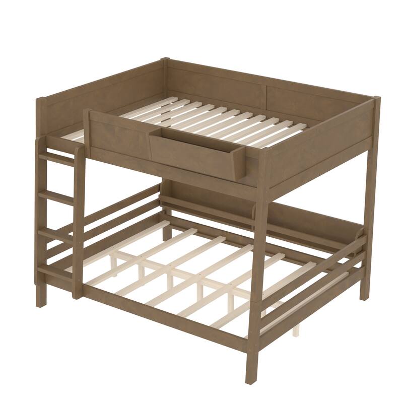 Queen Bunk Bed With Storage Shelf and Bookshelf,Wood Bunk Bed with Ladder and Guardrails,Detachable Design