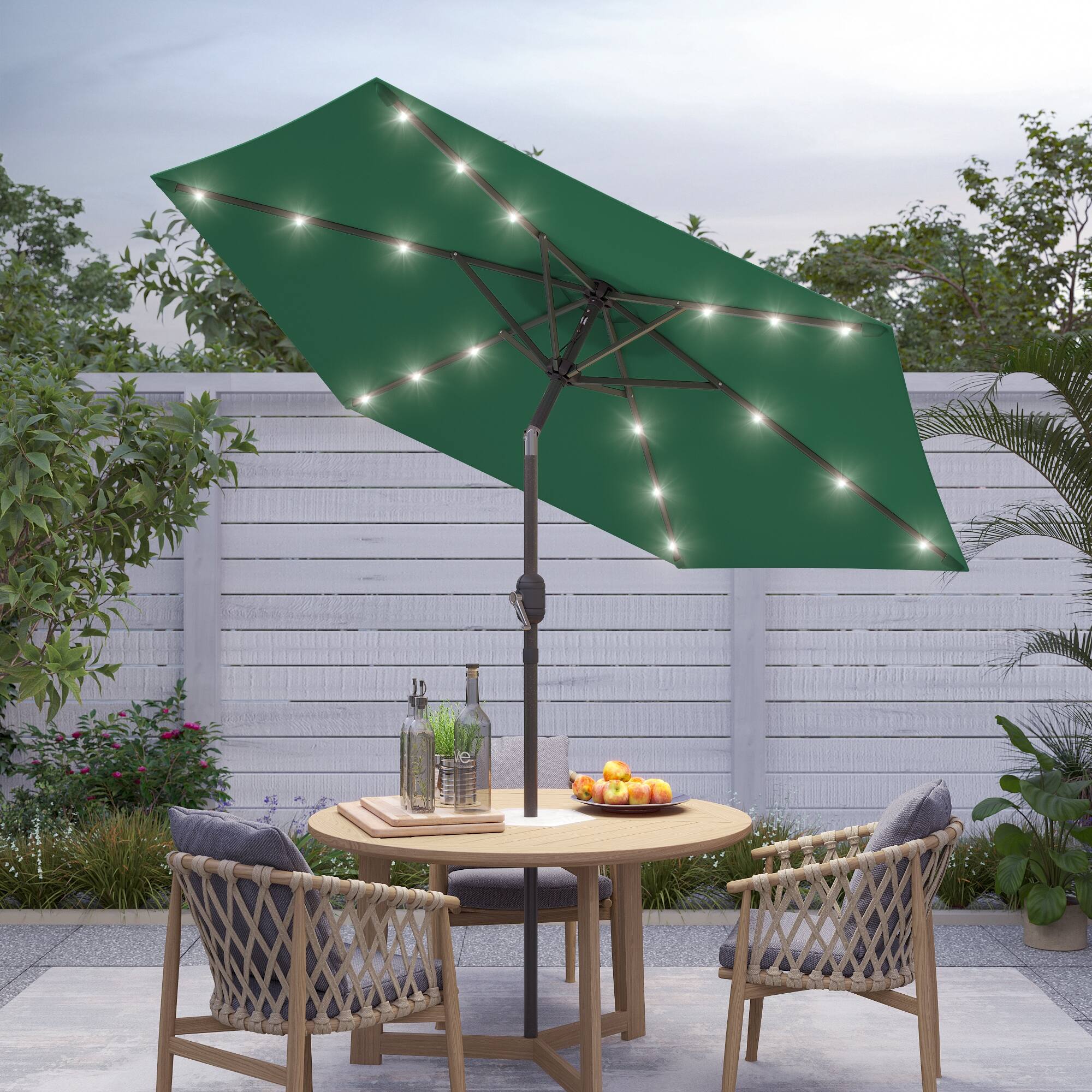 dark green patio umbrella Garvee 9FT Outdoor Umbrella, Outdoor Table with Push Button Tilt and Crank, Market Umbrella with 8 Sturdy Ribs, UV Protection providing UV 30+ protection wherever the sun is shining Business & Pleasure Co. The