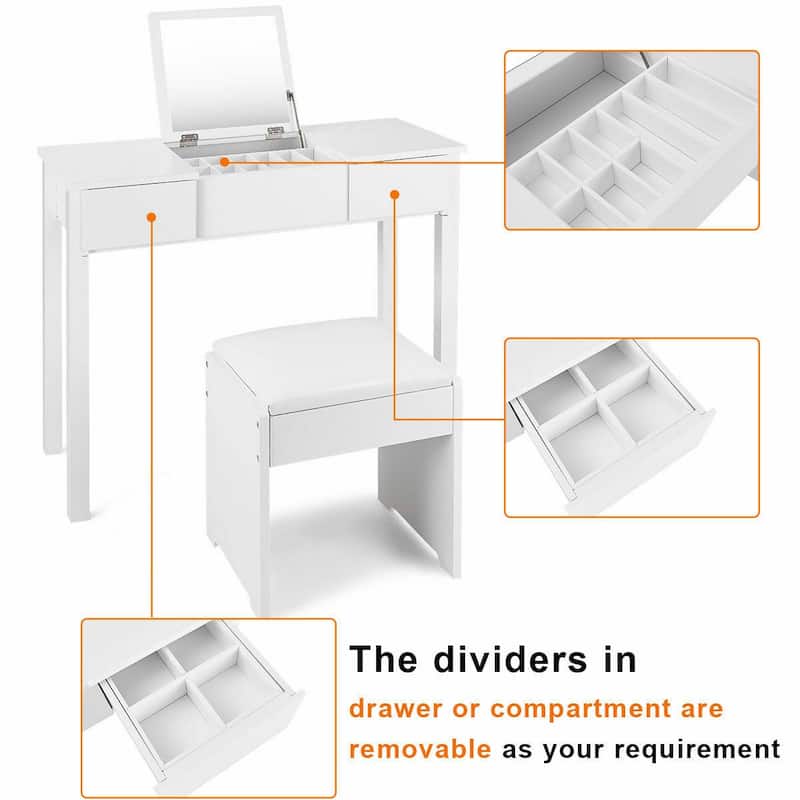 Costway White Vanity Dressing Table Furniture Stool Storage Box