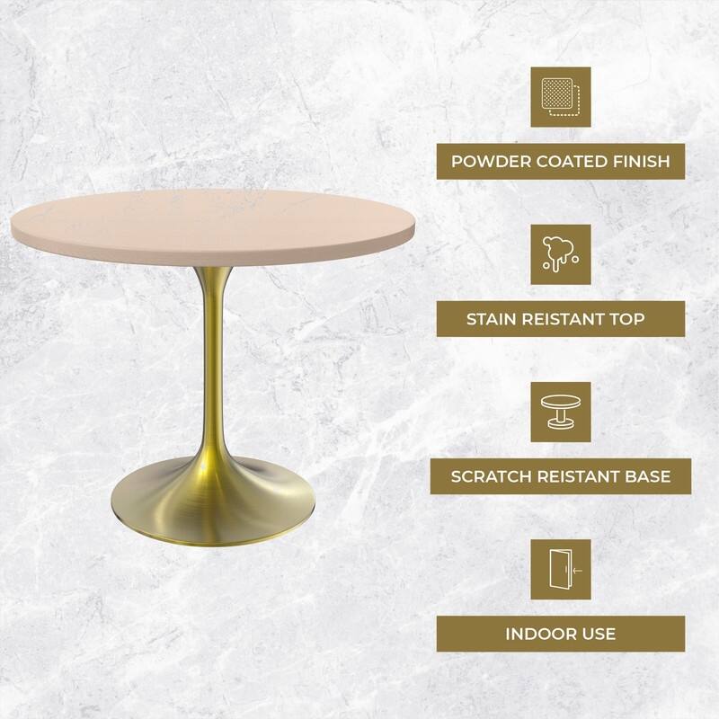 LeisureMod Verve 36" Round Dining Table with MDF Wood TableTop and Brushed Gold Base for Kitchen & Dining Room
