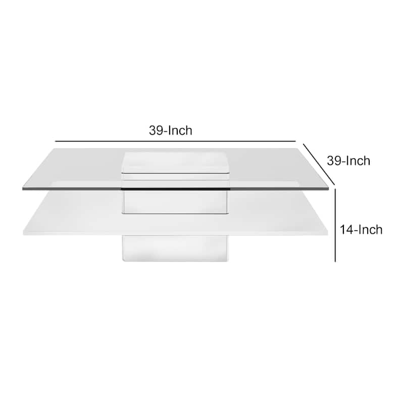 Cid Cobi Coffee Table, 39 Inch Square Clear Glass Top, White Veneer Base