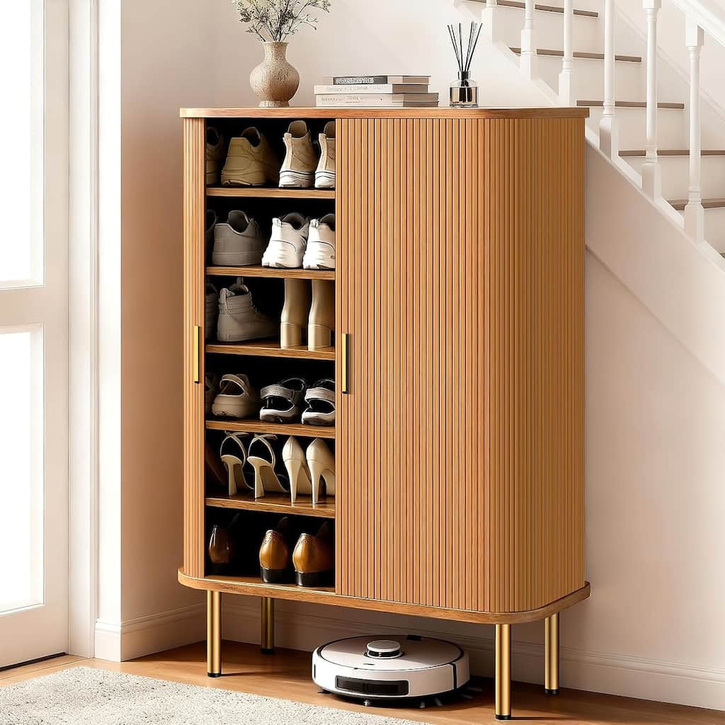 6-Tier Shoe Storage Cabinet with Sliding Door and Adjustable Shelves,Mid-Century Freestanding Shoe Storage Organizer