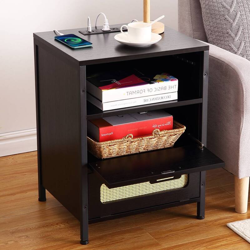 Modern End Table, Nightstand with USB Ports & Outlets