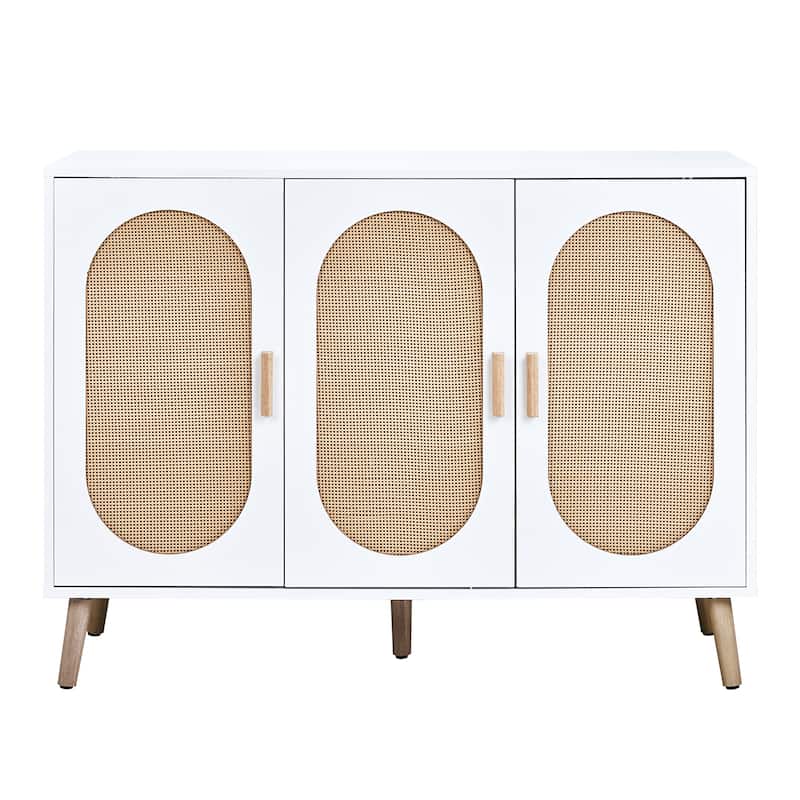 3-Door Shoe Cabinet with White Frame and Oval Rattan Surface Perfect for Home Entry Storage - 44.49"L × 15.75"W × 32.87"H