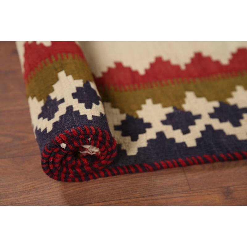 Beige Kilim Qashqai Persian Vintage Rug Hand-Woven Wool Carpet - 3'6"x 6'11"