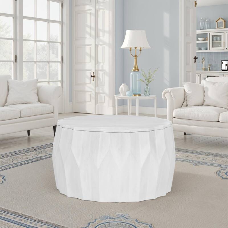 Facet 30" Diamond Carved Round Mango Wood Coffee Table - Elegant Cylindrical Base, Walnut Finish Accent Table - Antique White