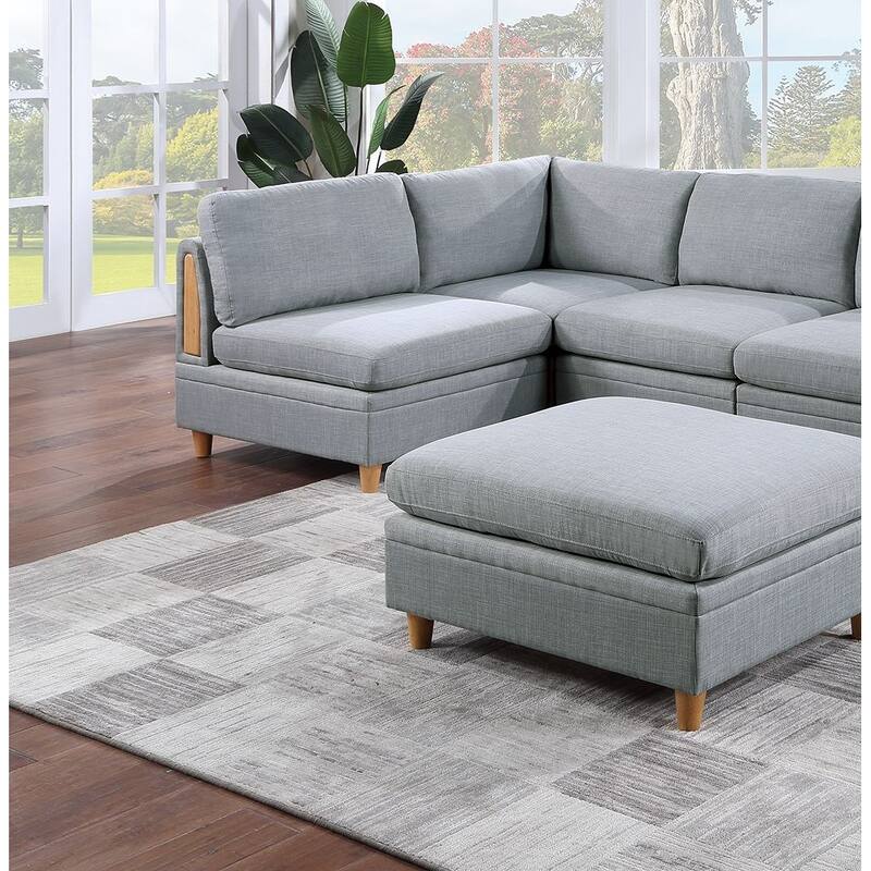 6pc Modular Sectional Set Grey Fabric Couch, 2 Wedges, 3 Chairs & 1 Ottoman