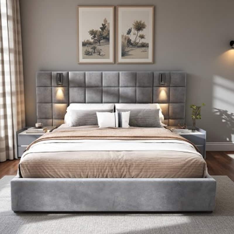 King Size Upholstered Velvet Bed with Adjustable Reading Lamp, USB Port, Wide Padded Headboard, No Box Spring Required - QueenGrey - Queen