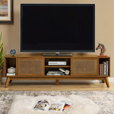 67.9 Inch Mid Century Modern Rattan TV Stand for TVs up to 75", Entertainment Cabinet, Solid Wood Feet & Rattan Cabinet Doors