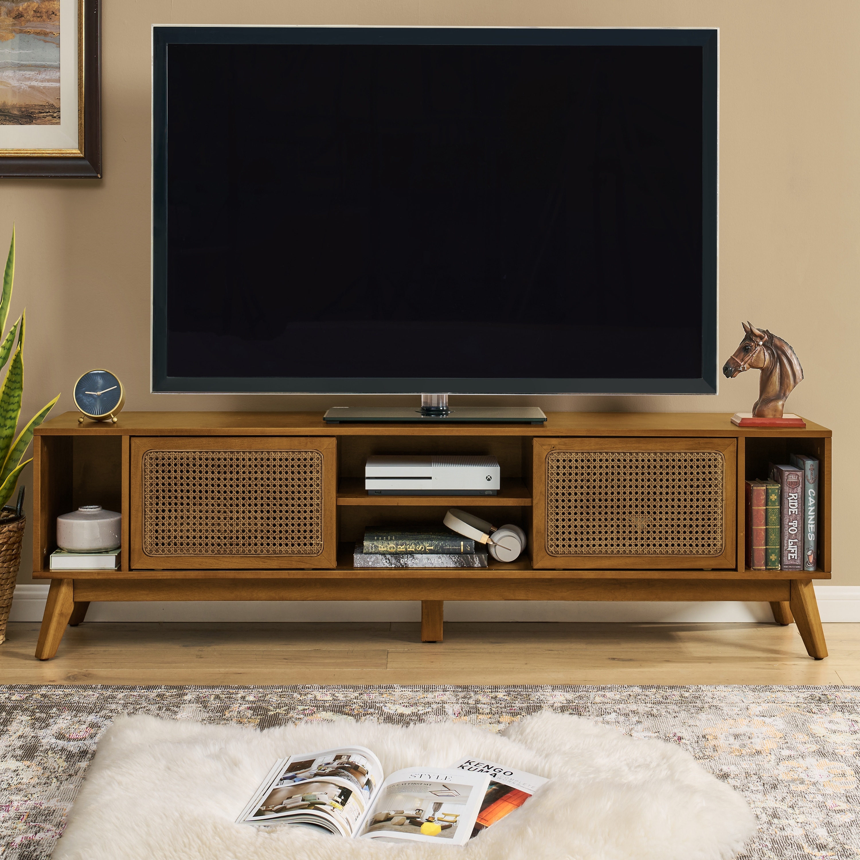 67.9 Inch Mid Century Modern Rattan TV Stand for TVs up to 75", Entertainment Cabinet, Solid Wood Feet & Rattan Cabinet Doors