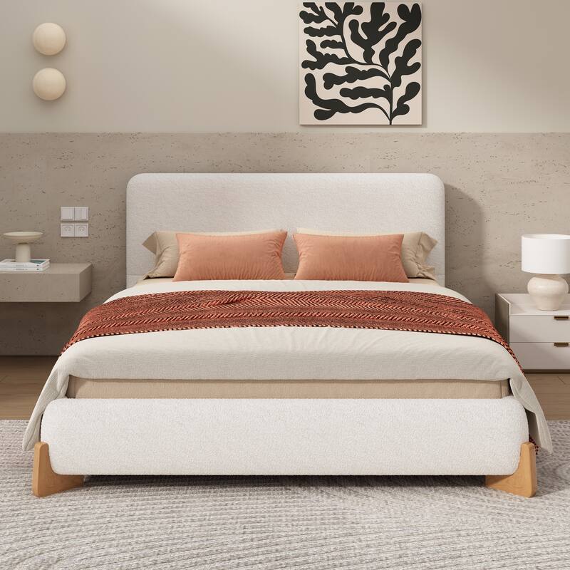 Luxurious Upholstered Platform Bed, Boucle Fabric Bed Frame with Solid Wood Legs and Vertical Headboard, Wood Slats Support - White - Full