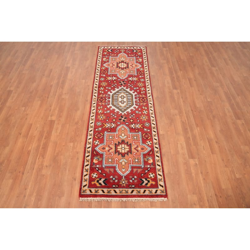 Hand Knotted Oriental 100% Wool Carpet Traditional Geometric Oranges & Rust Kazak Runner Rug - 7' 11'' X 2' 7''