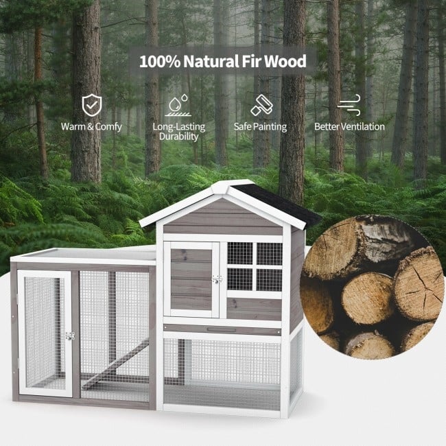 2-Story Wooden Rabbit Hutch with Running Area - 48.5" x 25" x 37" (L x W x H)