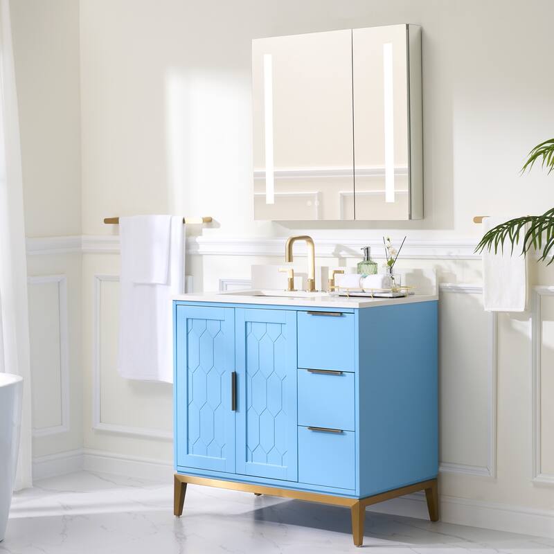 35''H Solid Wood Bath Vanity with Stain-resistant Carrera White Quartz Top and Sink