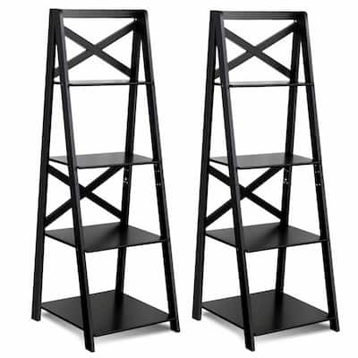 2 Pcs 4-Tier Ladder Shelf Bookshelf Bookcase Storage Display Leaning - Black