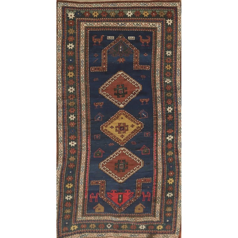 Hand Knotted Oriental 100% Wool Carpet Traditional Tribal Navy Blue & Blues Kazak Runner Rug - 6' 7'' X 3' 5''