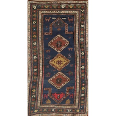 Hand Knotted Oriental 100% Wool Carpet Traditional Tribal Navy Blue & Blues Kazak Runner Rug - 6' 7'' X 3' 5''