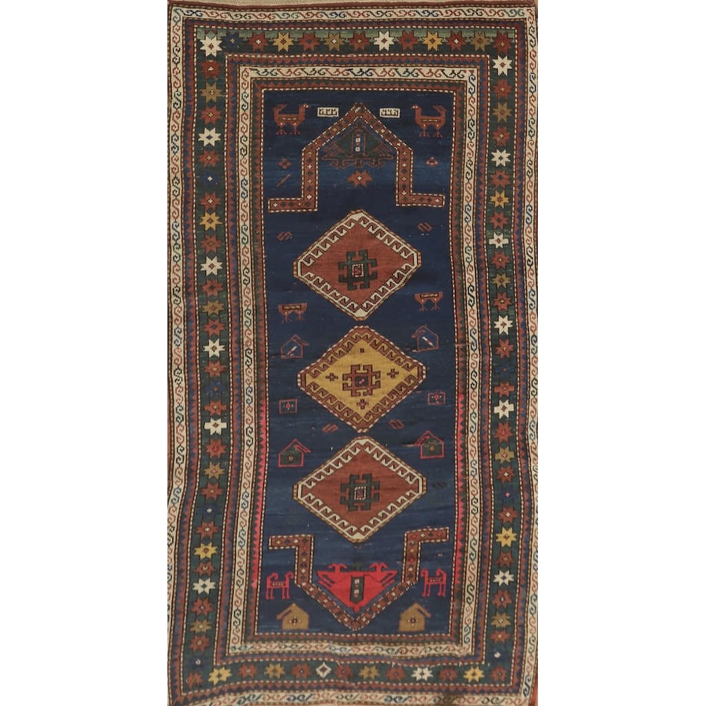 Hand Knotted Oriental 100% Wool Carpet Traditional Tribal Navy Blue & Blues Kazak Runner Rug - 6' 7'' X 3' 5''