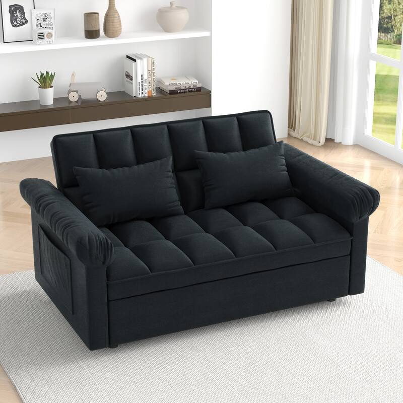 Flannel Sleeper Sofa Bed Loveseat Recliners Couch with Pull-Out Trundle, Adjustable Backrest, Round Arms and Side Pockets