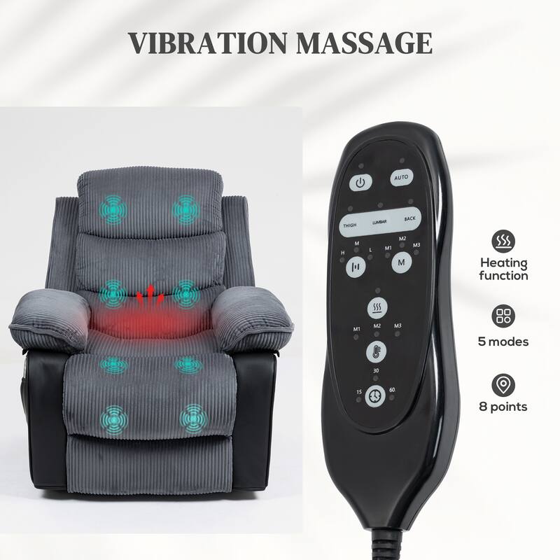Dark Grey Power Lift Recliner Chair with Massage Heated Lumbar and USB Remote Overstuffed Comfort
