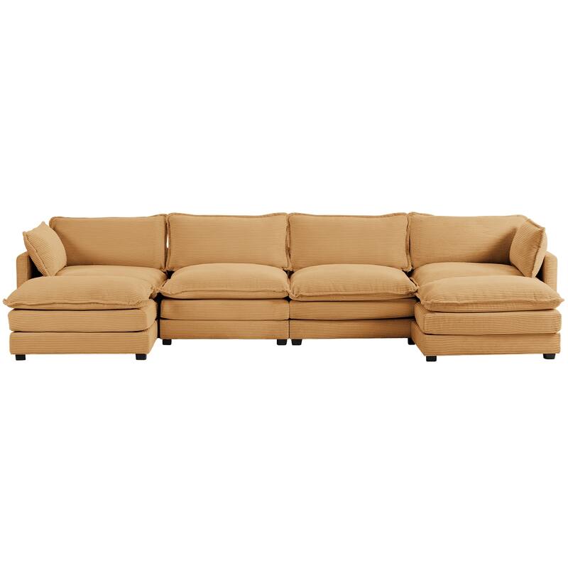 4-Seat Corduroy Modular Sofa with 2 Removable Ottomans for Home & Business - Mineral Yellow