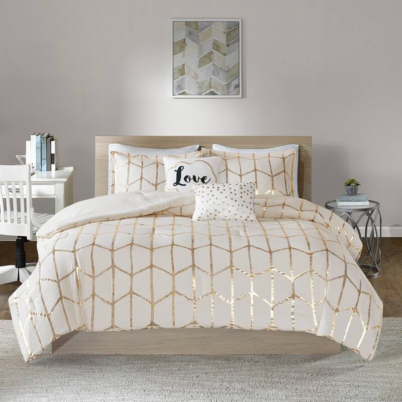 GDF Studio - Raina Metallic Printed Comforter Set with Decorative Pillows