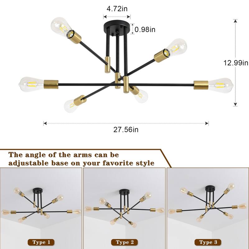 6-Light Modern Semi Flush Ceiling Lights for Bedroom Study Living Room