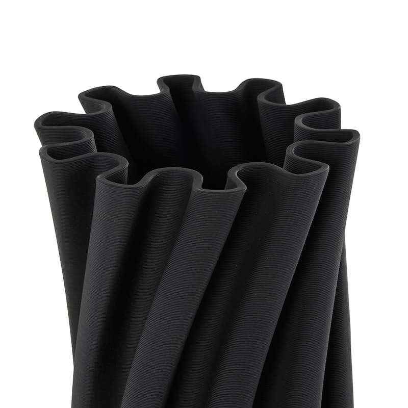 Black Ceramic Curvy Ribbed Abstract Vase with Floral Shaped Rim