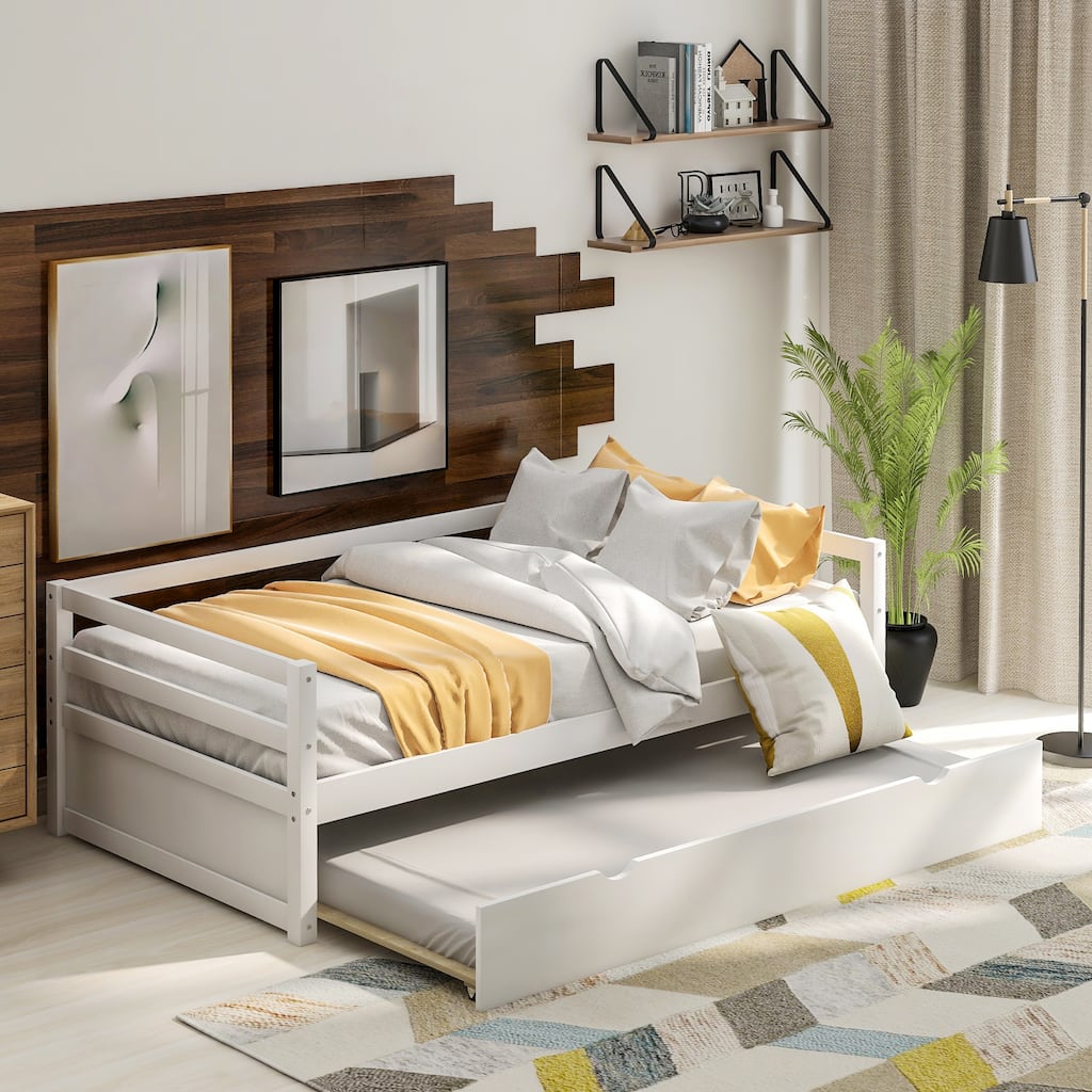 Roomfitters Twin Wood Daybed with Pull-Out Trundle Frame, White Finish