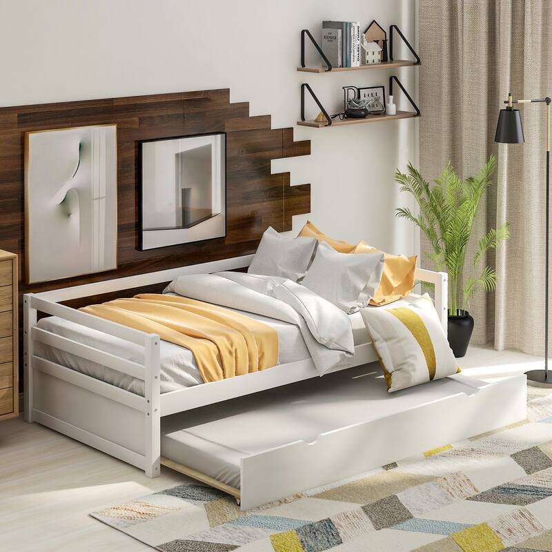 Roomfitters Twin Wood Daybed with Pull-Out Trundle Frame, White Finish - White - Twin