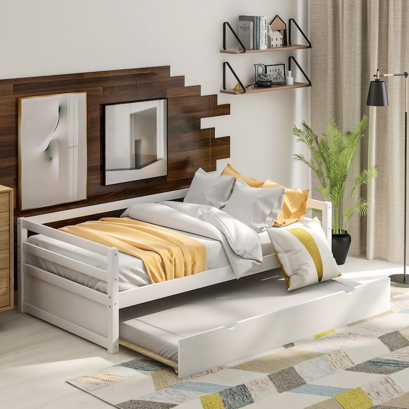 Wood Daybed with Trundle - White-1 - Twin