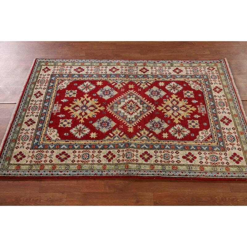 Traditional Kazak Oriental Accent Rug Hand-Knotted Red Wool Carpet - 3'3"x 4'10"