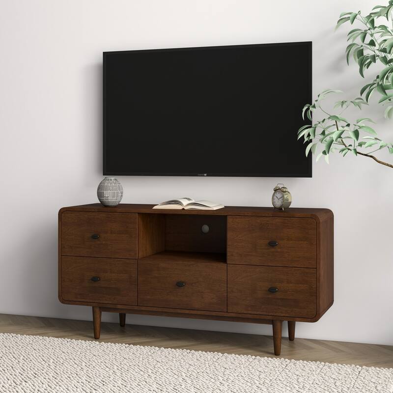 Seamore Mid Century Modern High Profile Solid Wood Universal TV Media Stand, Entertainment Unit up to 60 inch Wide
