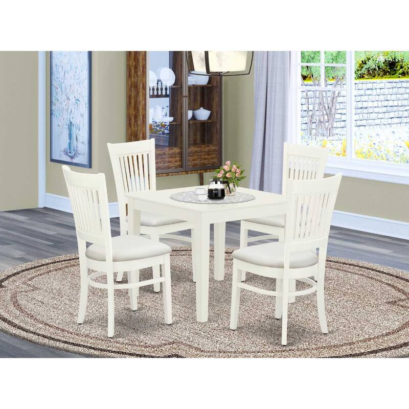5-Piece Linen White Finish Solid Wood Top - Rectangular Dining Room Set Seats-4