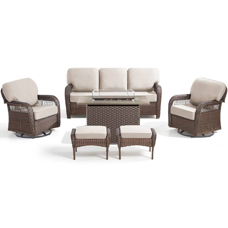 Pocassy Outdoor Fire Table with Swivel Chair Sofa Ottoman Funiture Set.