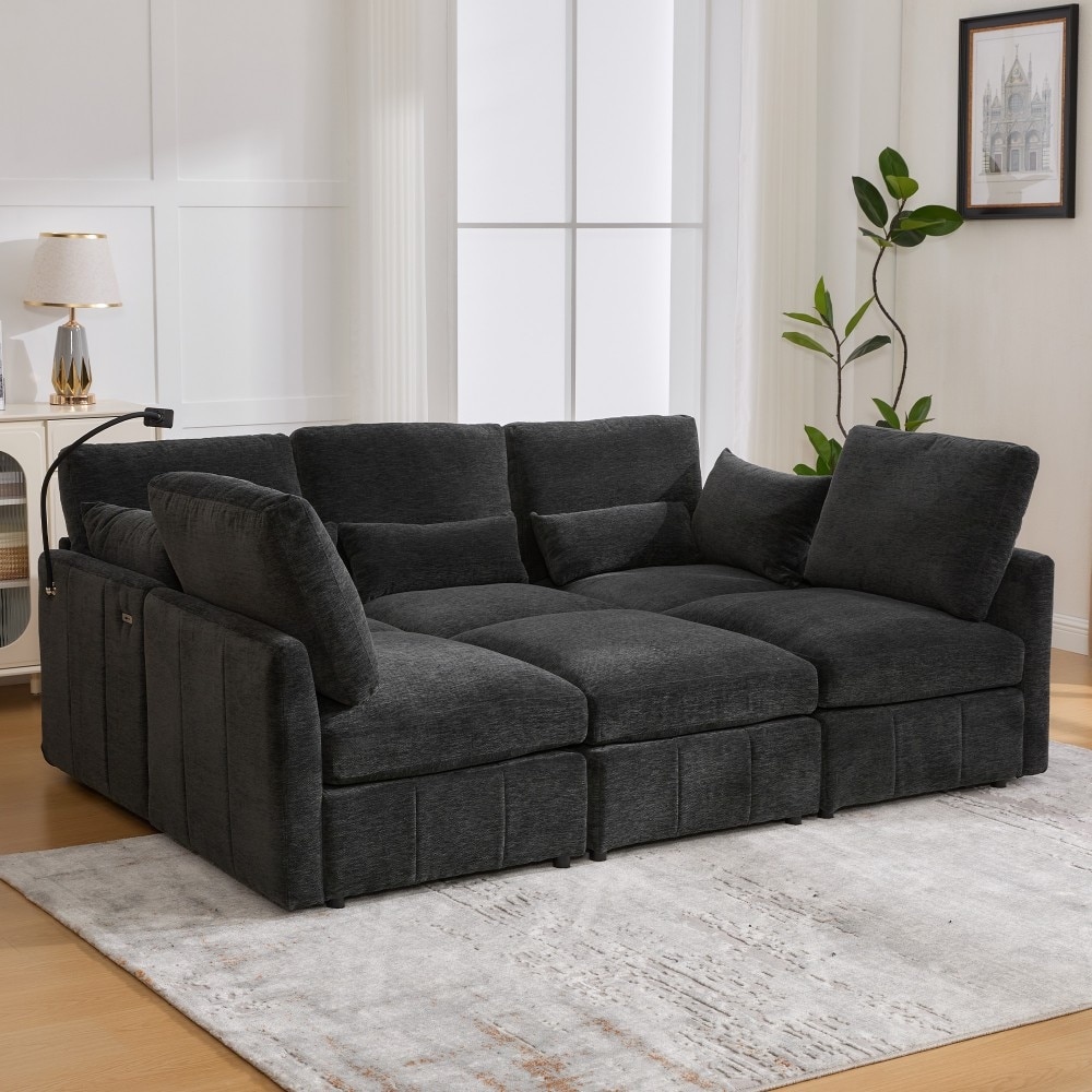 85.4" Modern U-shaped Modular Sectional Sofa with Movable Ottoman and Two USB Ports, Phone Holder