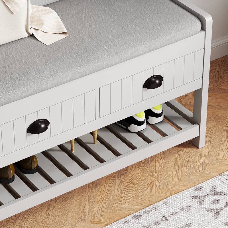 3-in-1 Hallway Hall Tree with 2 Storage Drawer and 4 Coat Rack,Shoe Rack Bench with Padded Seat Cushion,with Top Storage Shelf