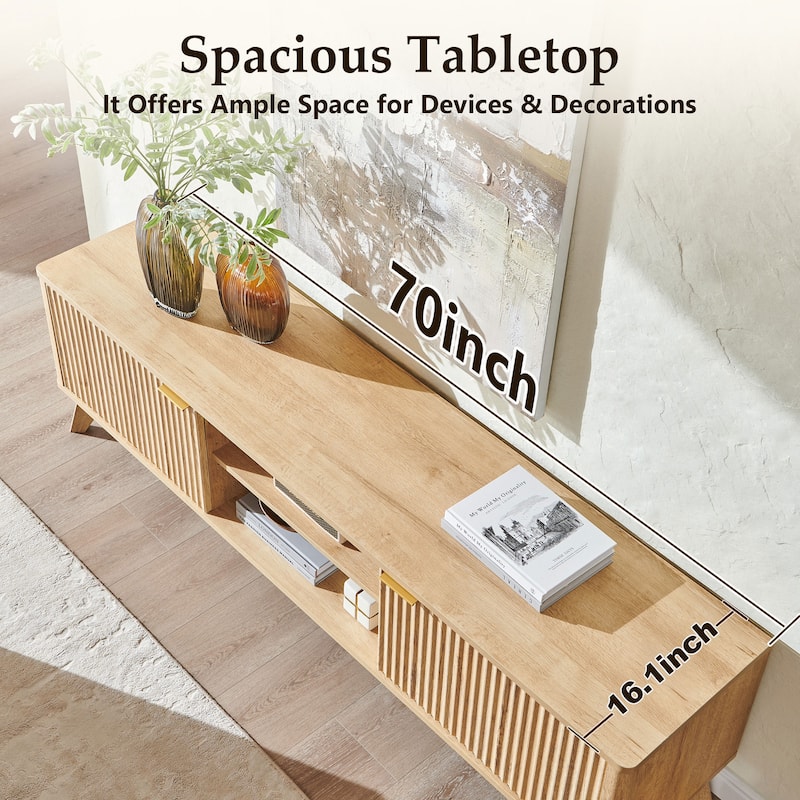 70" Modern Fluted TV Stand for Living Room, Wood Entertainment Center