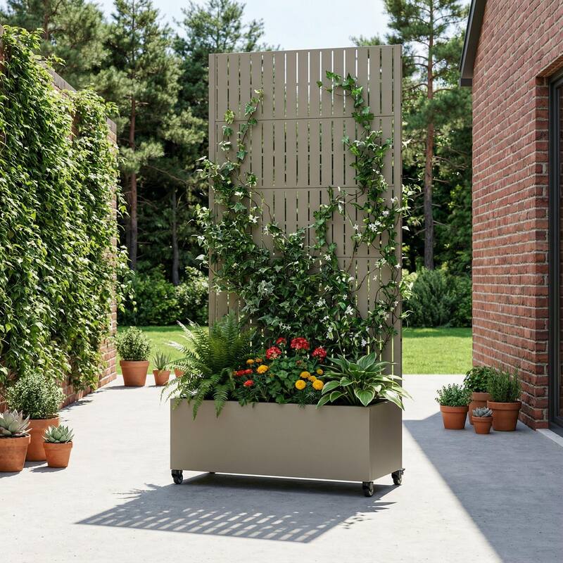 Raised Garden Bed Planter with Trellis Movable Planter Box with Lockable Wheels - 72*35 - Olive Green