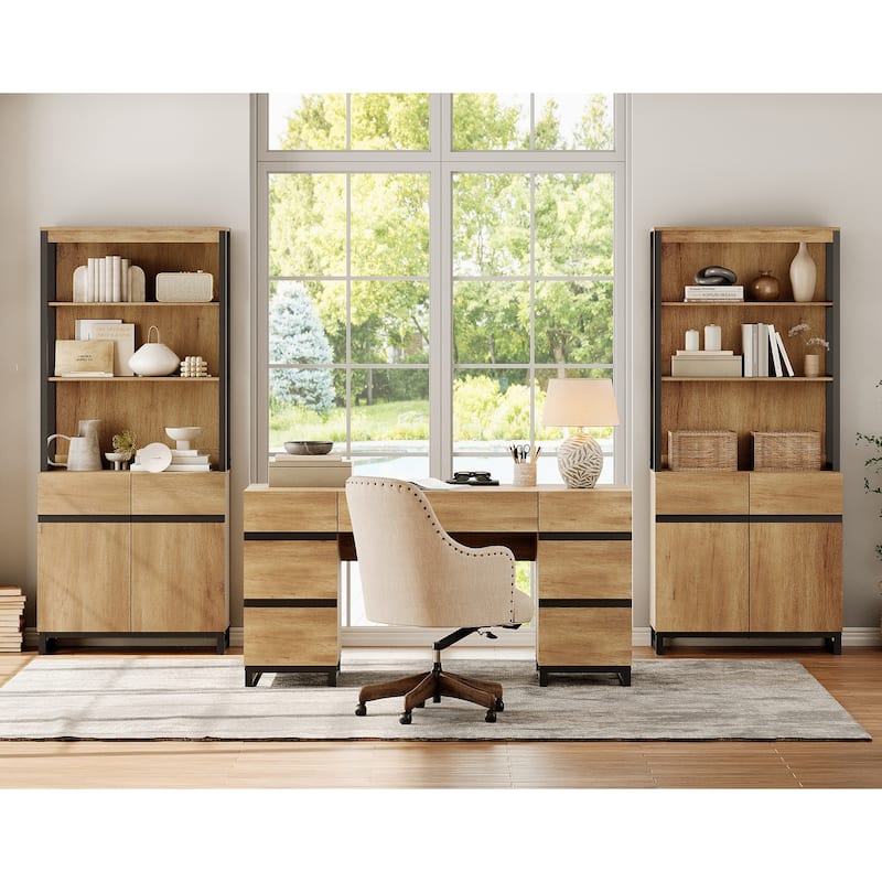 WAMPAT 59in Modern Executive Desk with Charging Station & Drawers and 2 PCS 72in Tall Bookcases with Storage Cabinet.