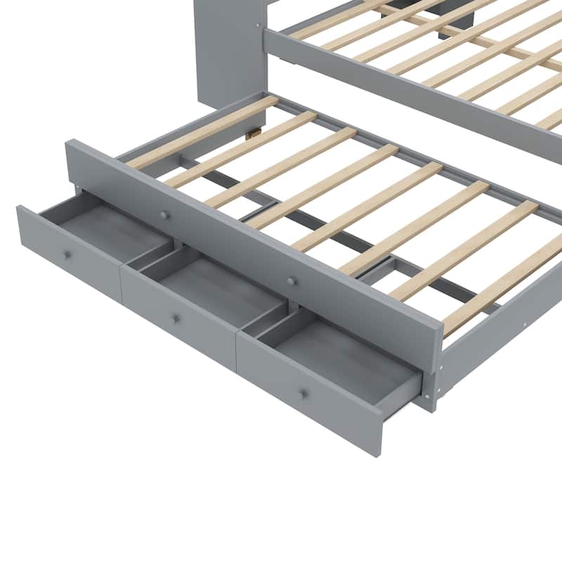 Roomfitters Twin/Full Size Wood Daybed with Trundle, Storage Drawers, Side Shelves & Built-in Desk, No Box Spring Needed