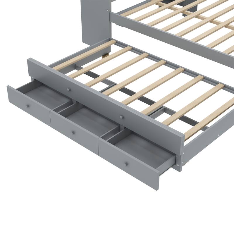 Wooden Daybed Frame with Pull Out Trundle and 3 Drawers, Platform Sofa Bed with Built In Desk and Shelves, No Box Spring Needed