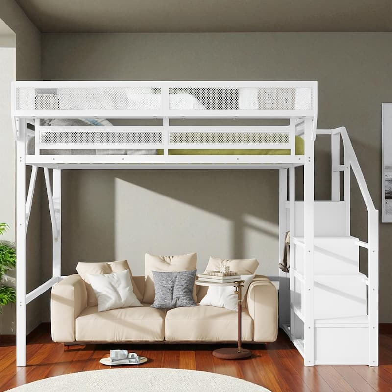 Full/Queen Metal Loft Bed with Stairs, Wardrobe, Mesh Shelf, White, 54.3 in Clearance, Guardrails, Kids Teens