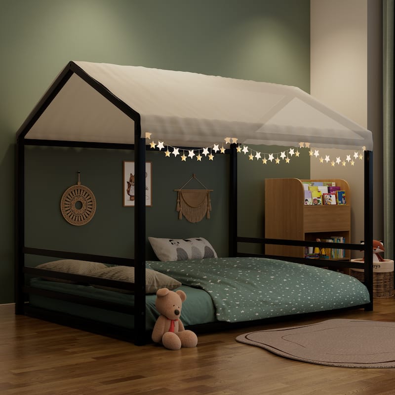 Montessori Style Metal Floor Bed Frame, House Shaped Bed for Kids and Toddlers, No Slats, House Bed - Black Horizontal - Full