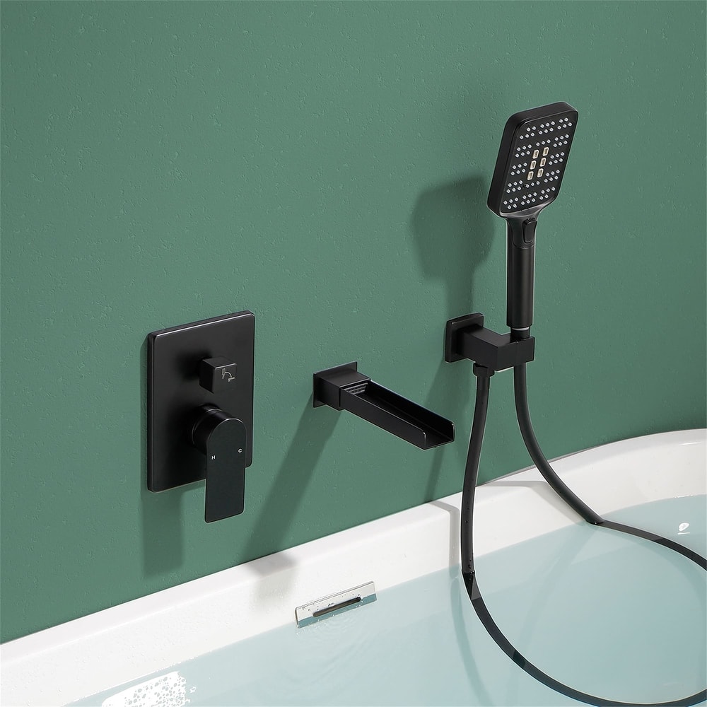 Waterfall Tub Faucet Wall Mounted Single Handle Tub Fillers with Handheld Shower Bathtub Faucet with Rough-in Valve