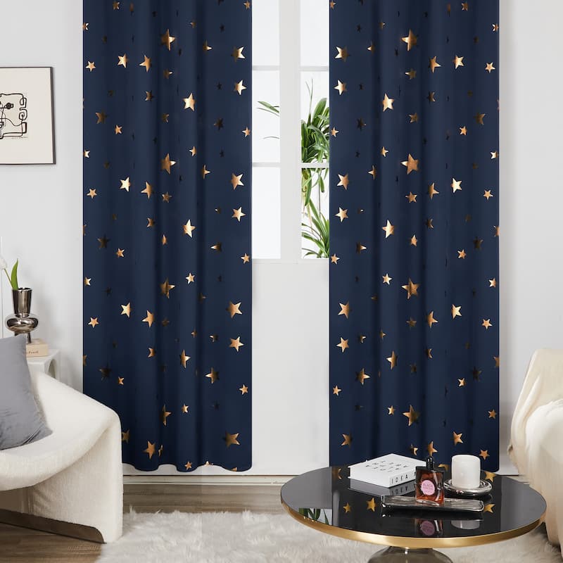 Gold Star Foil Room Darkening Curtains for Kids 2 Panels - 42 x 95 Inch - Navy Blue