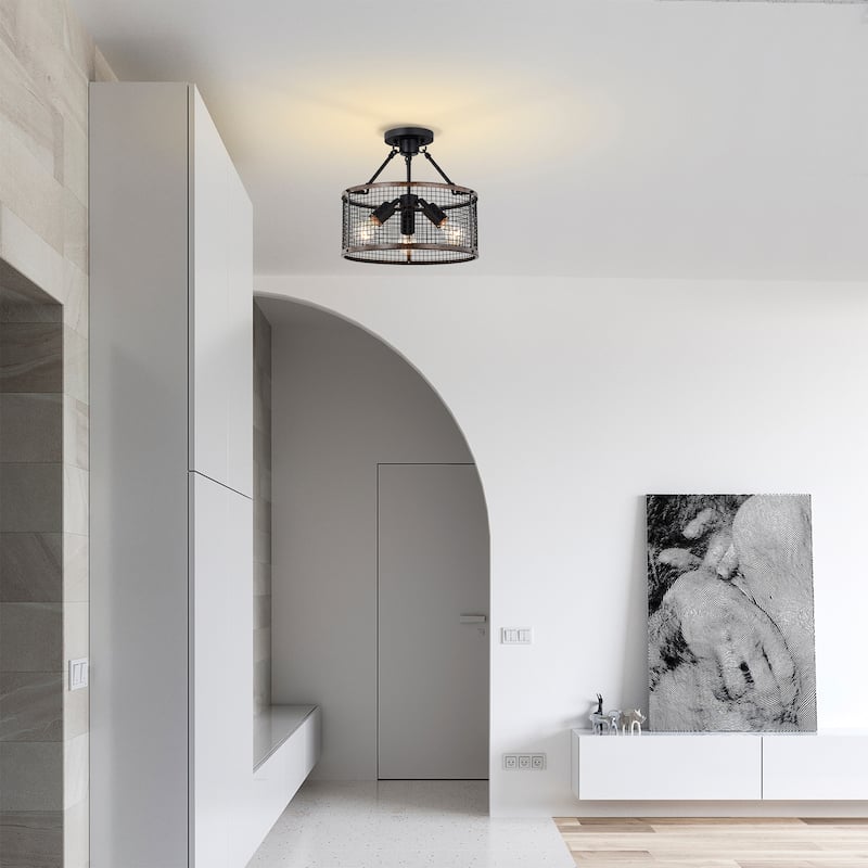 Cerere Semi Flush Mount Ceiling Light Matte Black and Wood Grain Finish 3-Light - N/A