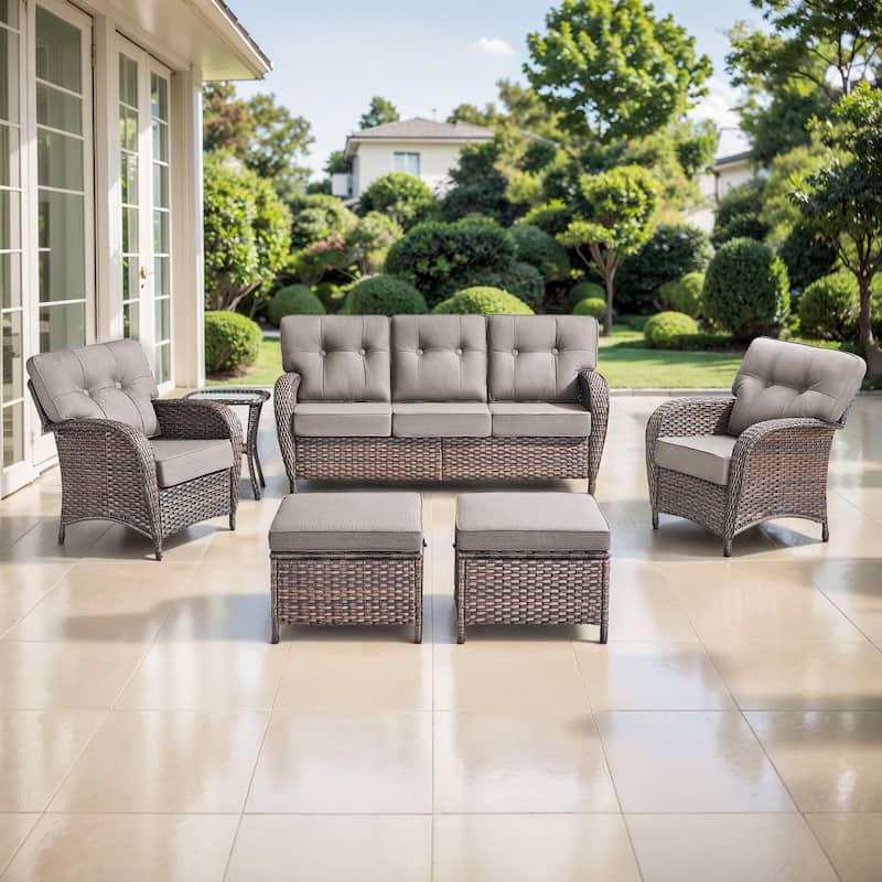 TWrap 6-Piece Patio Brown Wicker Sofa Conversation Set with 5-Inch Thick Cushions - Brown/Gray - 6-Piece